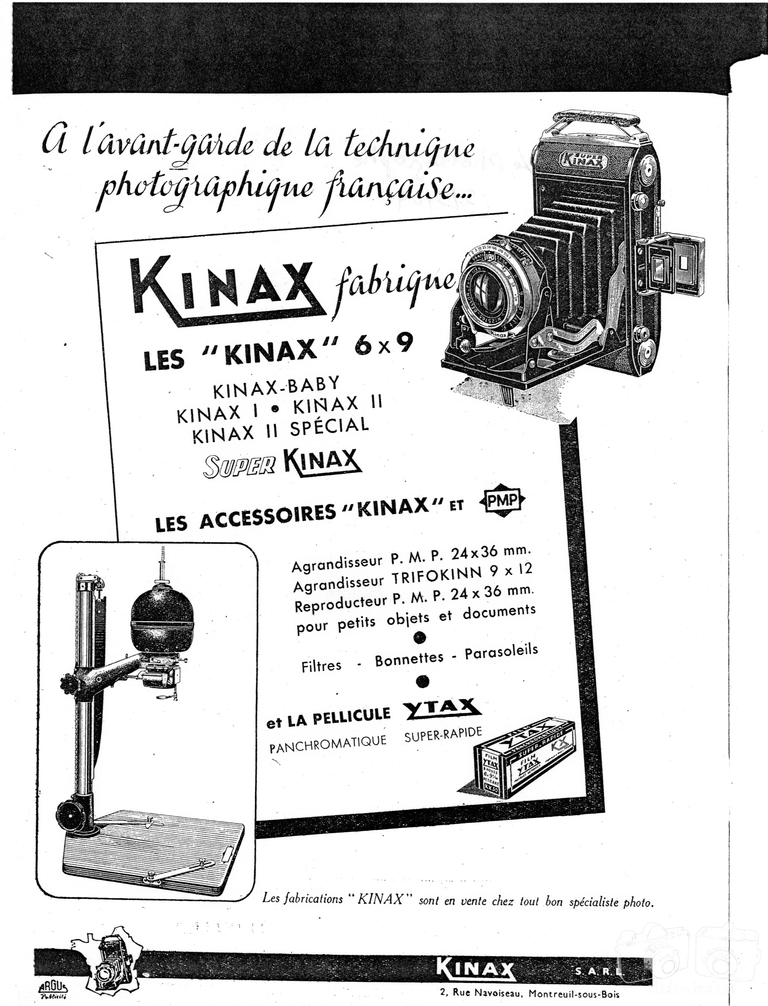 Kinax - Kinax I, Kinax II, Kinax II spécial, Super Kinax, Agrandisseur P.M.P., Agrandisseur Trifokinn, Reproducteur P.M.P., pellicule Ytax - mai 1949 - Le Photographe