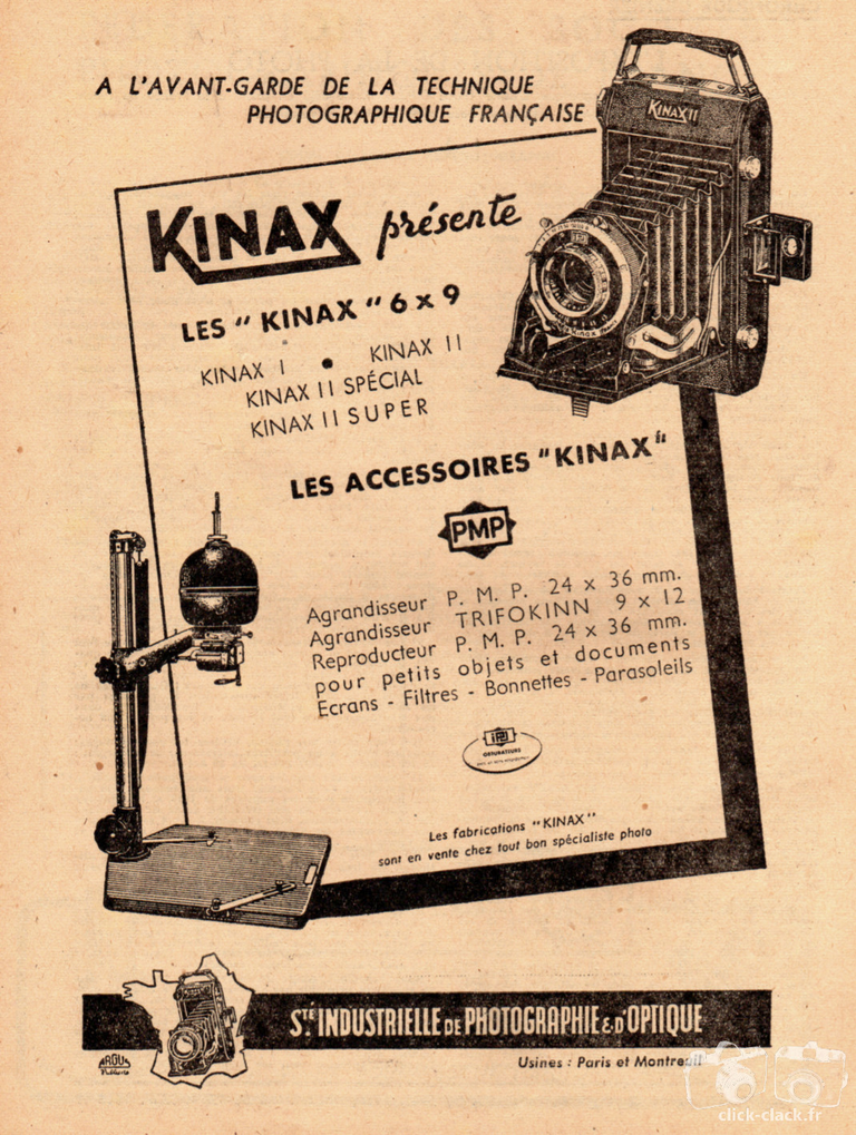 Kinax - Kinax I, Kinax II, Kinax II spécial, Kinax II Super, Agrandisseur P.M.P., Agrandisseur Trifokinn, Reproducteur P.M.P. - mars 1948 - Photo-Cinéma