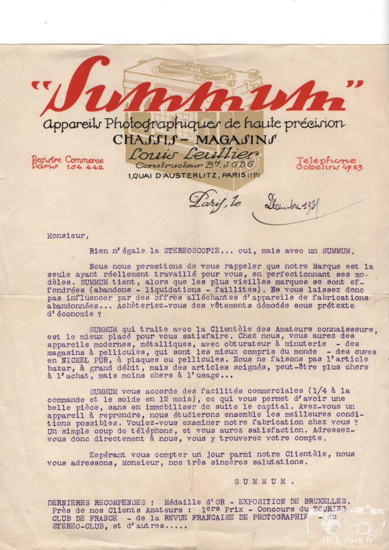 Leuillier - Summum - courrier de décembre 1931