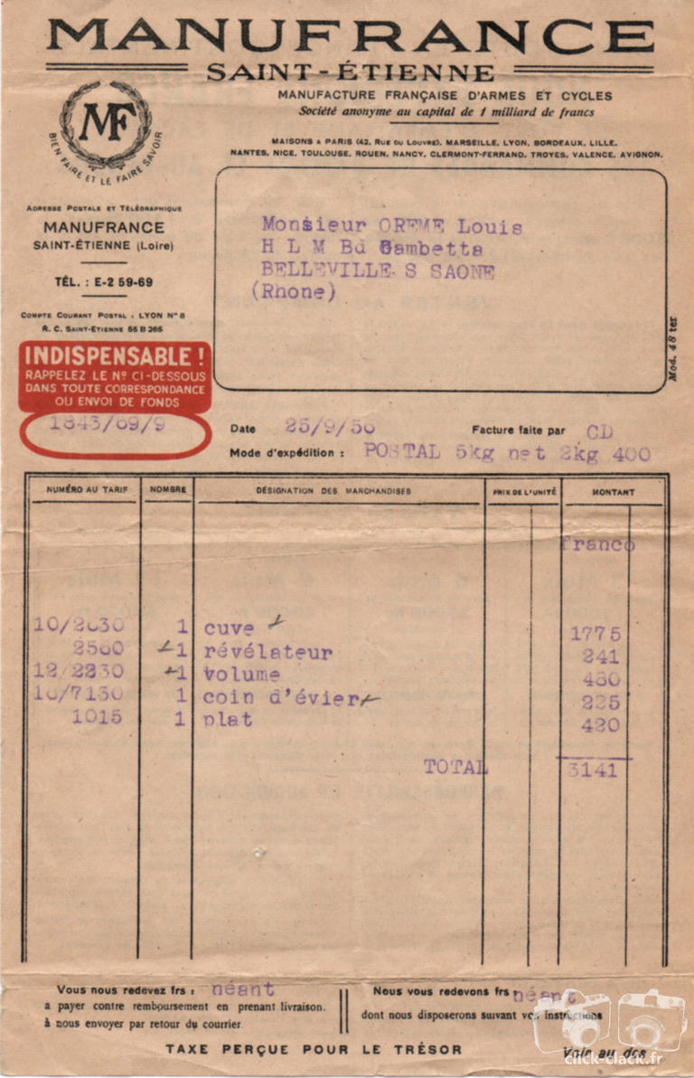Manufrance - Facture du 25 septembre 1956 pour du matériel de laboratoire