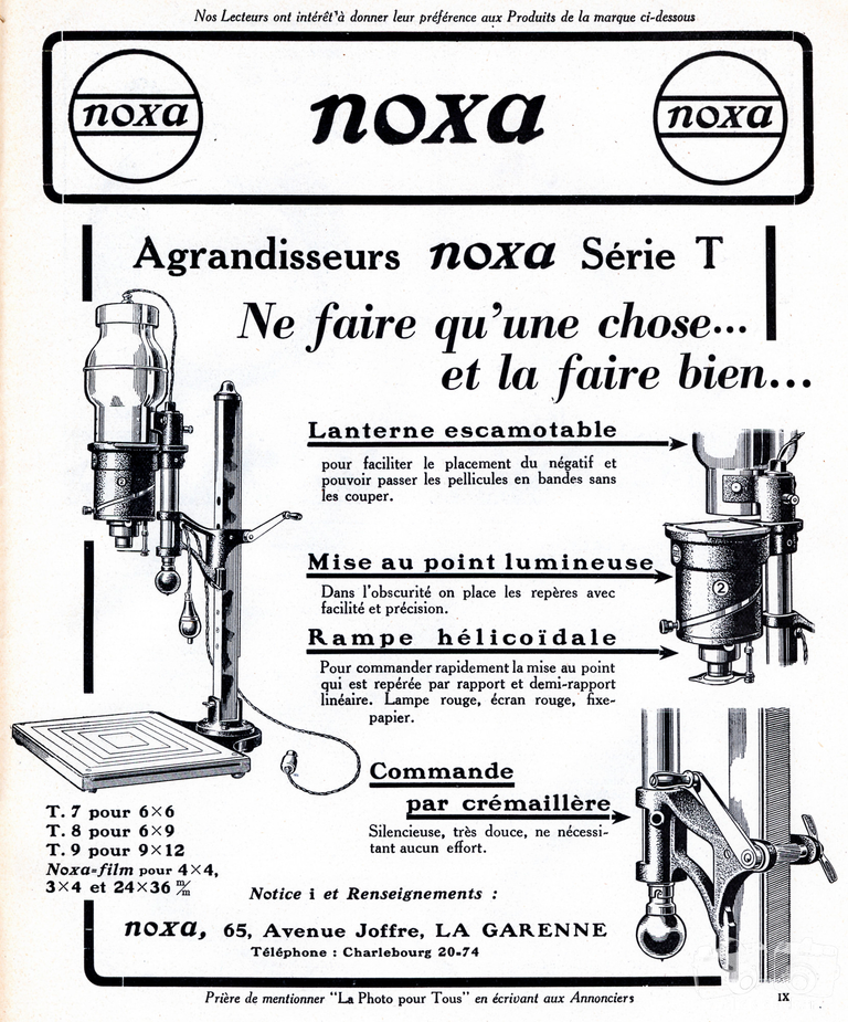 Noxa - Agrandisseurs série T, Noxa T 7, Noxa T 8, Noxa T 9 - 1935