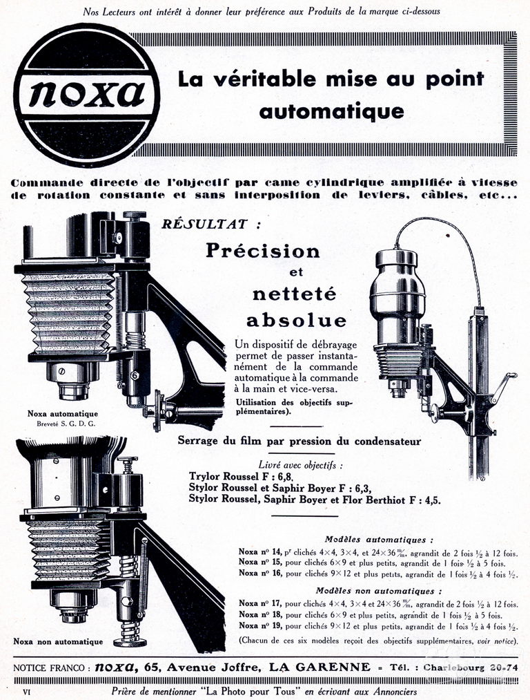 Noxa - Agrandisseurs automatiques Noxa n°14, Noxa n°15, Noxa n°16, agrandisseurs non automatiques Noxa n°17, Noxa n°18, Noxa n°19 - 1935