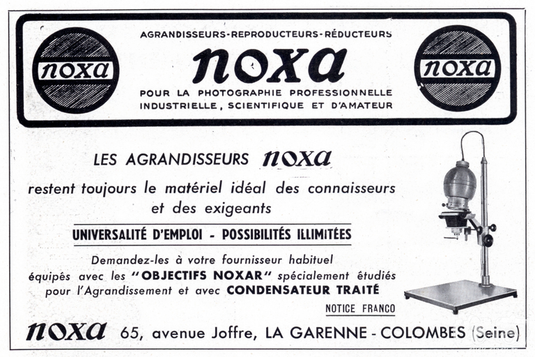 Noxa - Agrandisseurs Noxa, objectifs Noxar - 1956