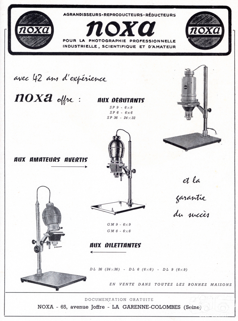 Noxa - Agrandisseurs Noxa SP9, Noxa SP6, Noxa SP36, Noxa GM9, Noxa GM6, Noxa DL36, Noxa DL6, Noxa DL9 - 1960