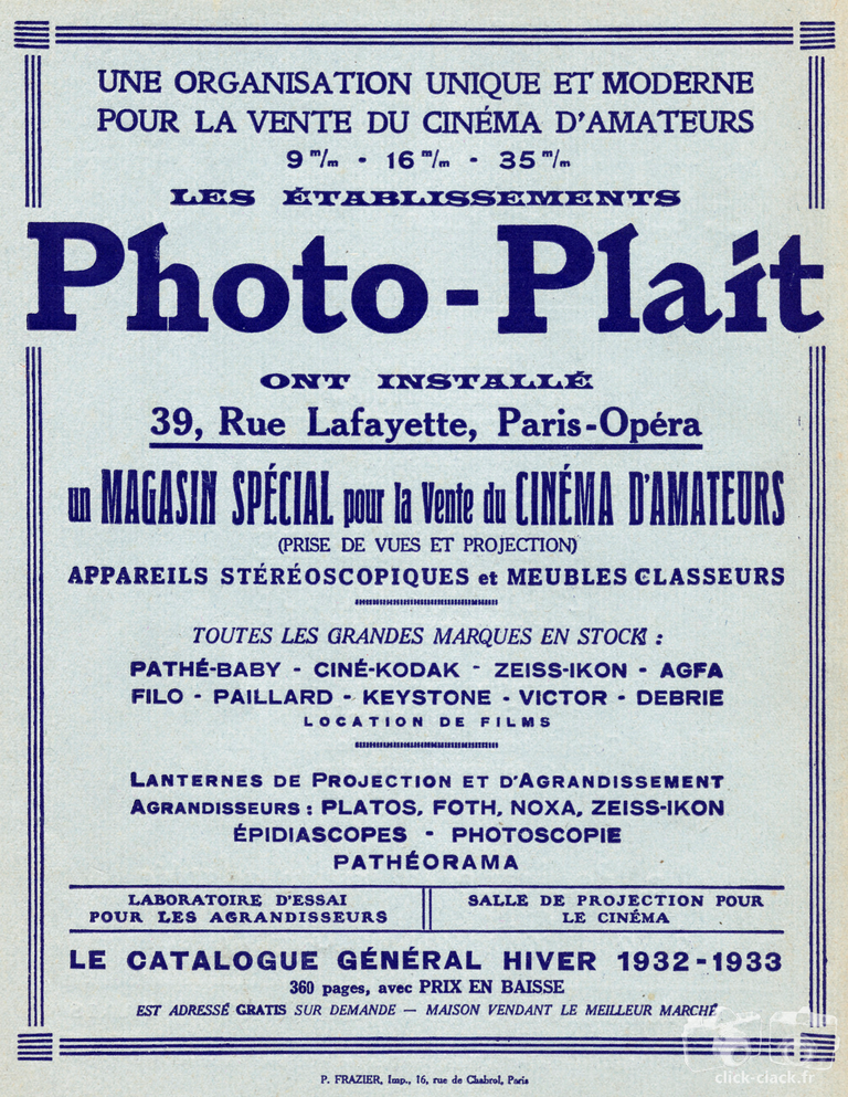 Photo-Plait - Pathé-Baby, Ciné-Kodak, Zeiss-Ikon, Agfa, Filo, Paillard, Keystone, Victor, Debrie, Agrandisseurs Platos, Foth, Noxa, Epidiascope, Photoscopie, Pathéorama - 1933