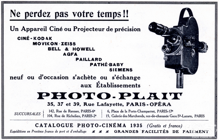 Photo-Plait - Ciné-Kodak, Movikon Zeiss, Bell & Howell, Agfa, Paillard, Pathé-Baby, Siemens - 1935