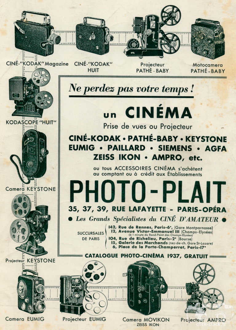 Photo-Plait - Ciné-Kodak Magazine, Ciné-Kodak Huit, Kodascope Huit, Keystone, Eumig, Movikon Zeiss-Ikon, Ampro, Projecteur Pathé-Baby, Motocaméra Pathé-Baby - 1937