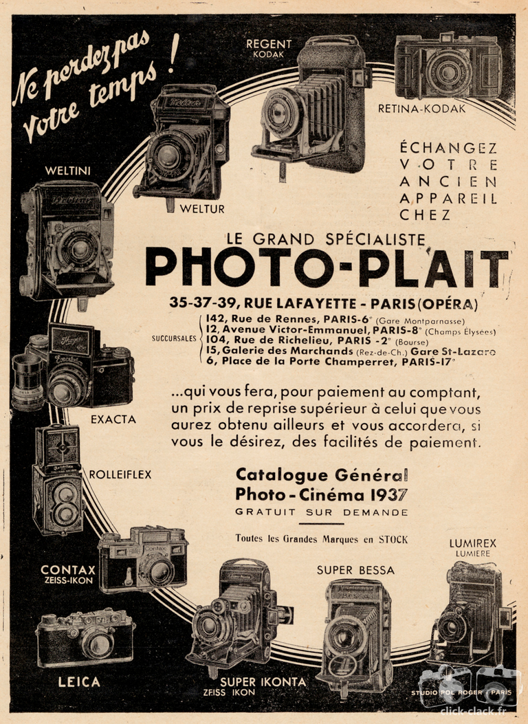 Photo-Plait - Kodak Retina, Exakta, Regent, Perfekta, Lumirex Lumière, Rolleiflex, Rolleicord, Contax Zeiss-Ikon, Leica,, Super Ikonta, Weltur, Welti, Super Bessa - 1937