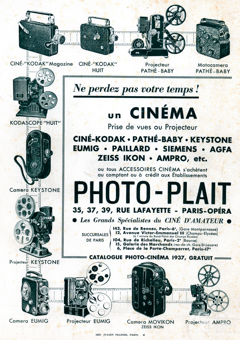 Photo-Plait - Ciné-Kodak Magazine, Ciné-Kodak Huit, Kodascope Huit, Keystone, Eumig, Movikon Zeiss-Ikon, Ampro, Projecteur Pathé-Baby, Motocaméra Pathé-Baby - 1937