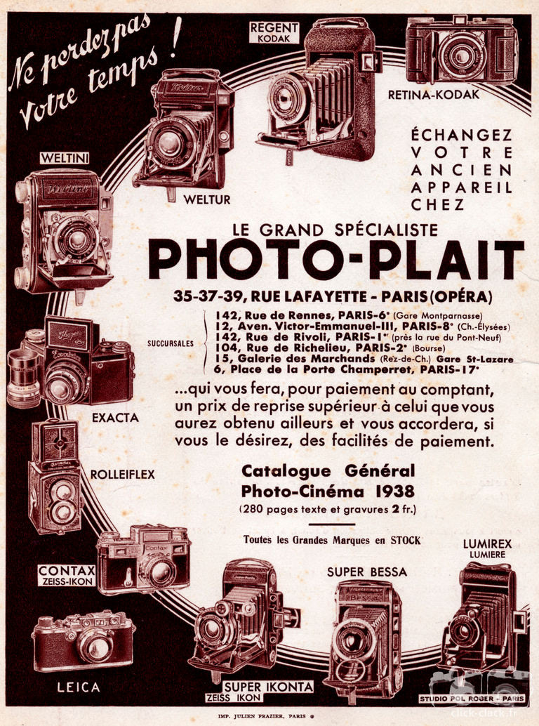 Photo-Plait - Kodak Retina, Exakta, Regent, Perfekta, Lumirex Lumière, Rolleiflex, Rolleicord, Contax Zeiss-Ikon, Leica,, Super Ikonta, Weltur, Welti, Super Bessa - 1938