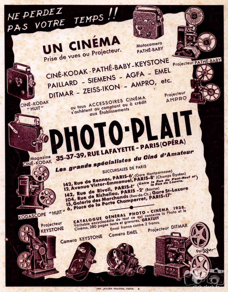 Photo-Plait - Ciné-Kodak Magazine, Ciné-Kodak Huit, Kodascope Huit, Keystone, Eumig, Emel, Ampro, Paillard, Projecteur Pathé-Baby, Motocaméra Pathé-Baby - 1938