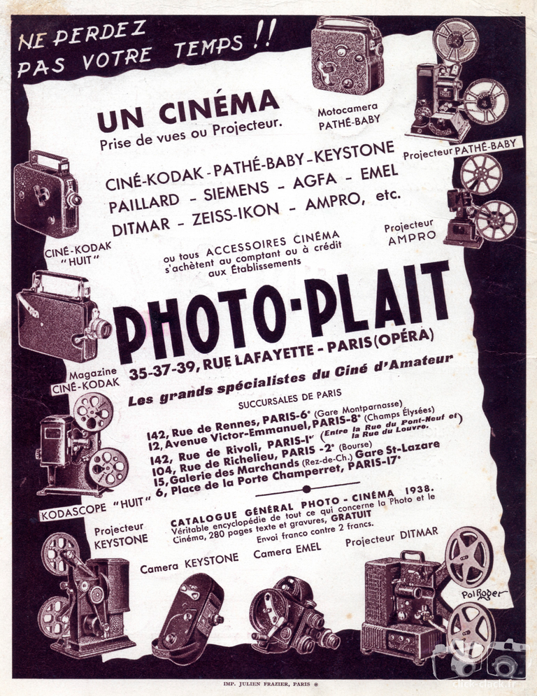 Photo-Plait - Ciné-Kodak Magazine, Ciné-Kodak Huit, Kodascope Huit, Keystone, Eumig, Emel, Ampro, Paillard, Projecteur Pathé-Baby, Motocaméra Pathé-Baby - 1939
