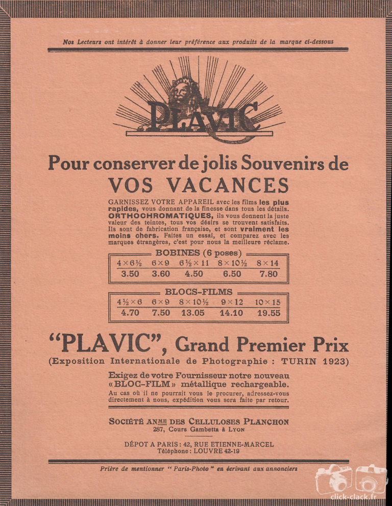 Société Anonyme des Celluloses Planchon - Pellicules Plavic - 15 août 1923 - Paris-Photo