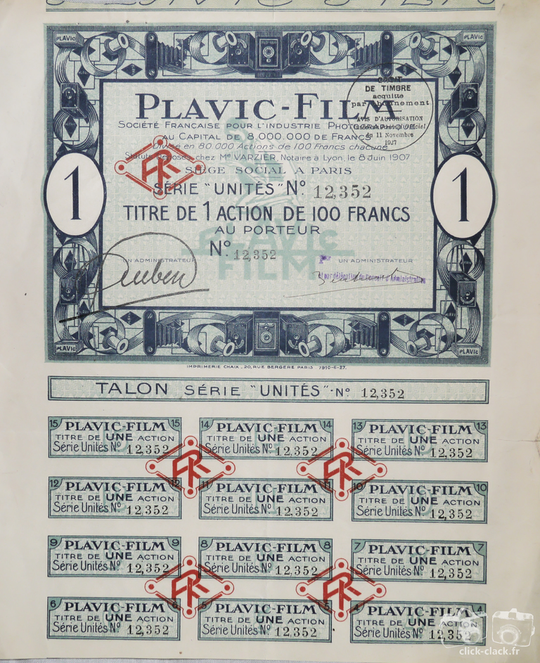 Société Française pour l'Industrie Photographique Plavic-Film - Action de 100 F - 1927