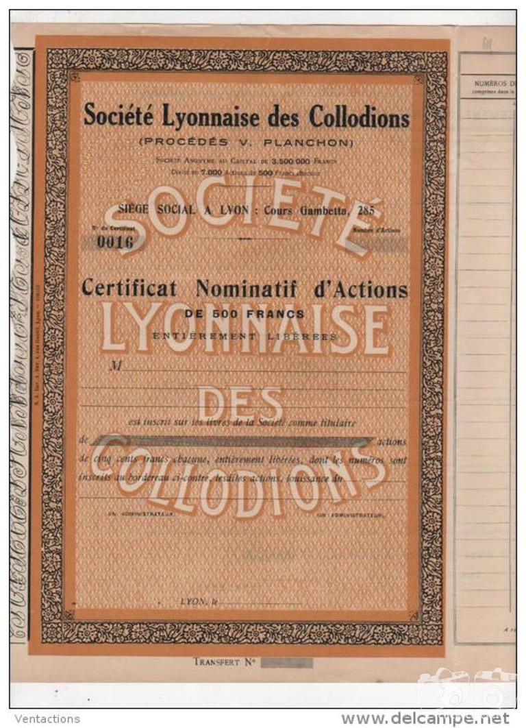 Société Lyonnaise des Collodions - Certificat nominatifs d'Actions  de 500 F