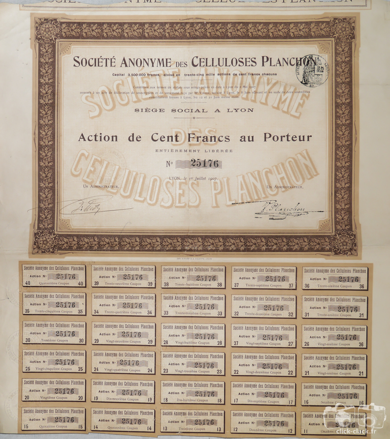 Société Anonyme des Celluloses Planchon - Action de 100 F - 1907