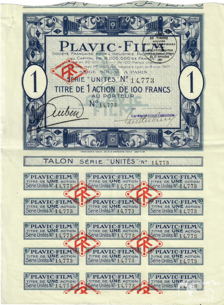 Société Française pour l'Industrie Photographique Plavic-Film - Action de 100 F - 1927