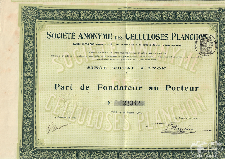 Société Anonyme des Celluloses Planchon - Part de Fondateur au Porteur - 1er juillet 1907