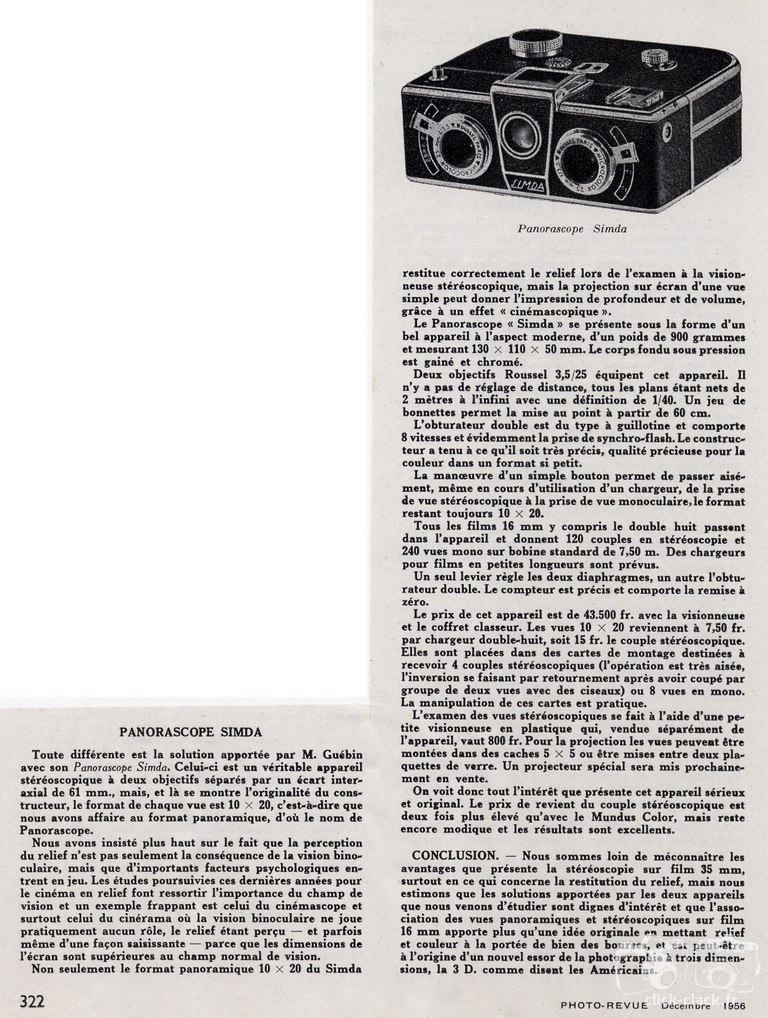 SIMDA - Panorascope relief et couleur - décembre 1956 - Photo-Revue