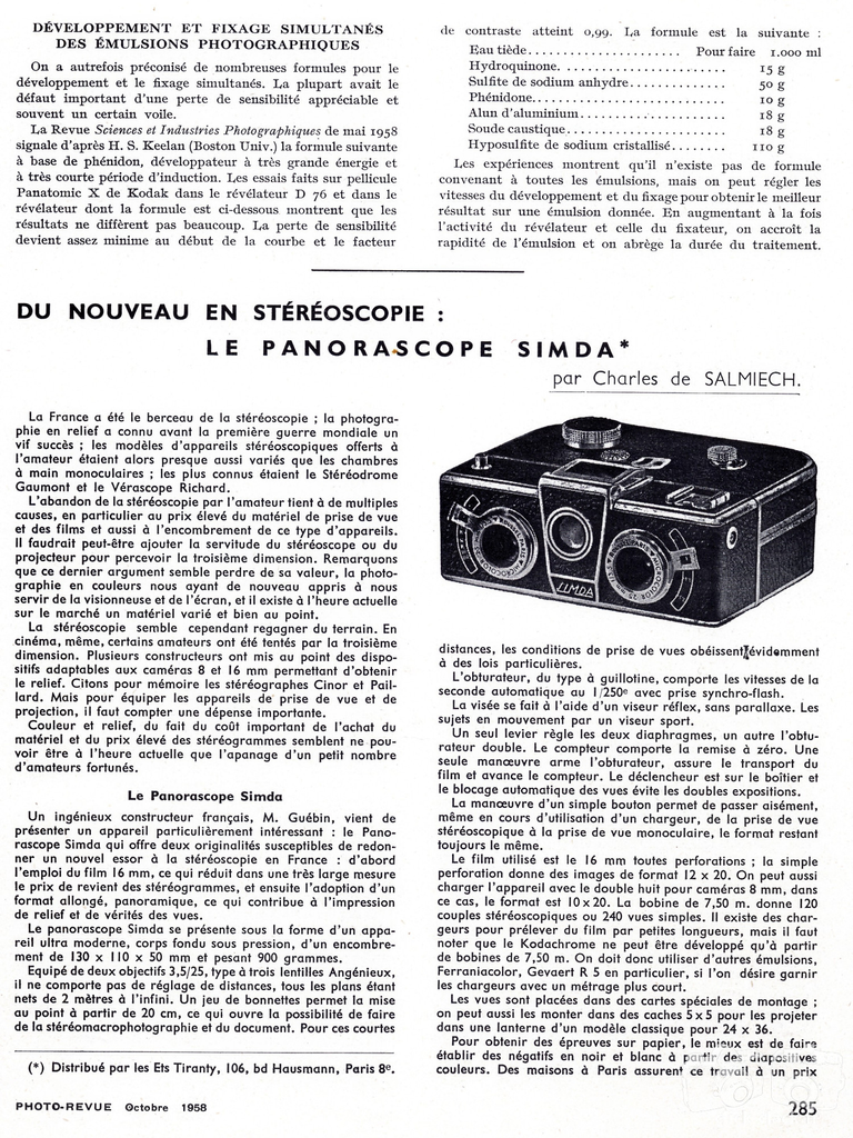 SIMDA - Panorascope - octobre 1958 - Photo-Revue - page 1