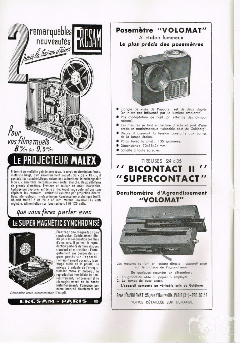 Volomat - Posemètre Volomat, Tireuse Bicontact II, Tireuse Supercontact, Densitomètre d'agrandissement Volomat - février 1953 - Photo Cinéma