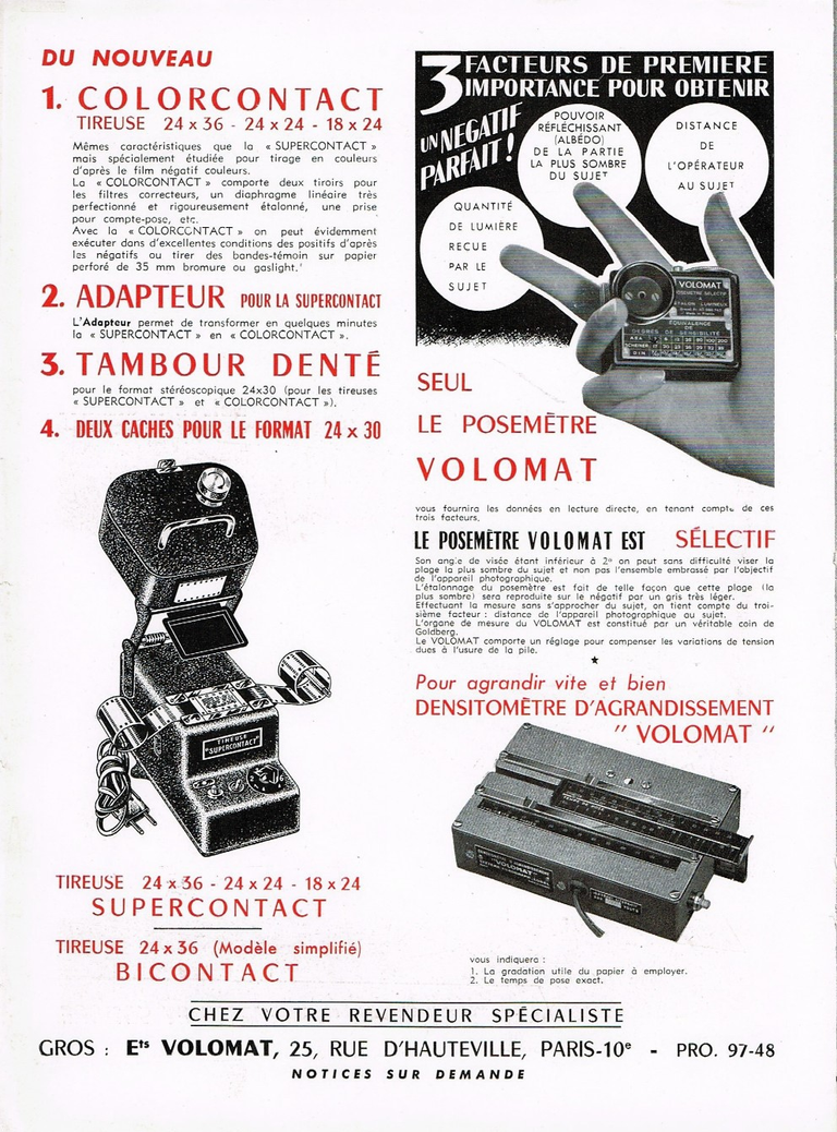 Volomat - Posemètre Volomat, Tireuse Colorcontact, Tireuse Bicontact, Tireuse Supercontact, Densitomètre d'agrandissement Volomat - avril 1954 - Photo Cinéma