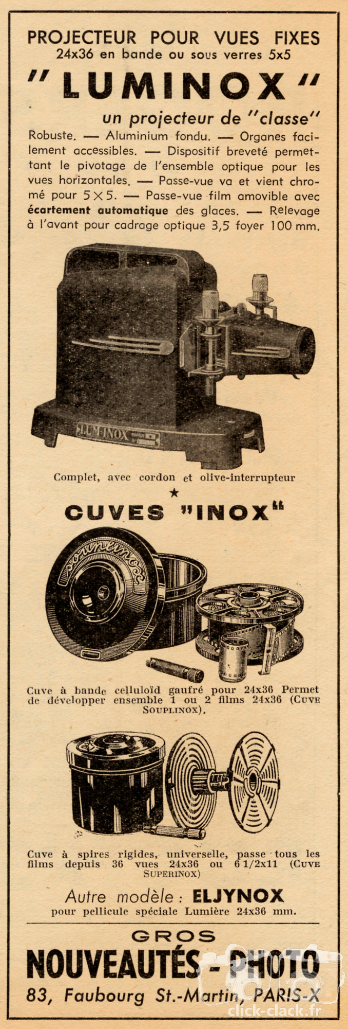 Inox - Projecteur Luminox, Cuve Inox, Cuve Eljinox - mars 1947 - Photo-Cinéma