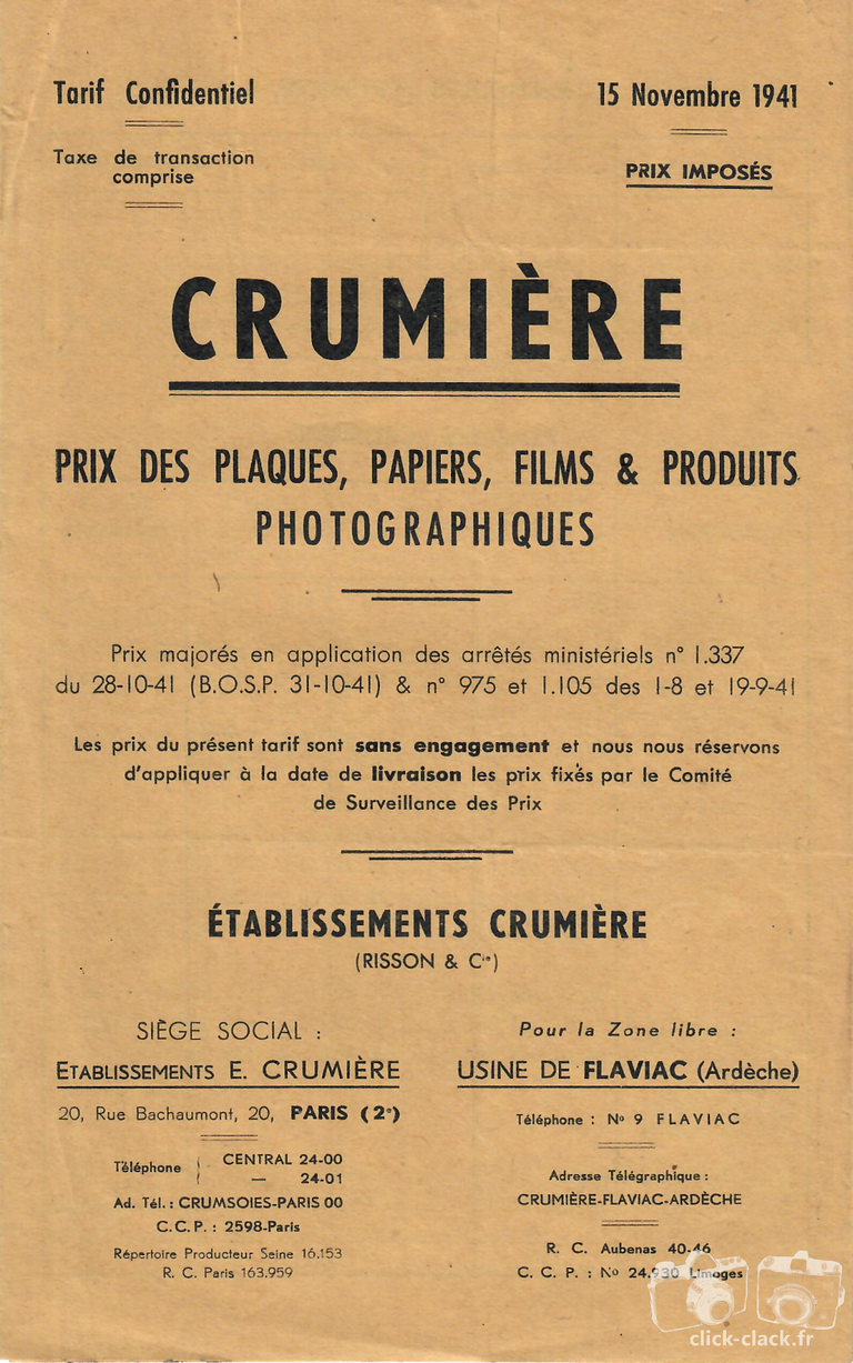 Crumière - Tarif - novembre 1941