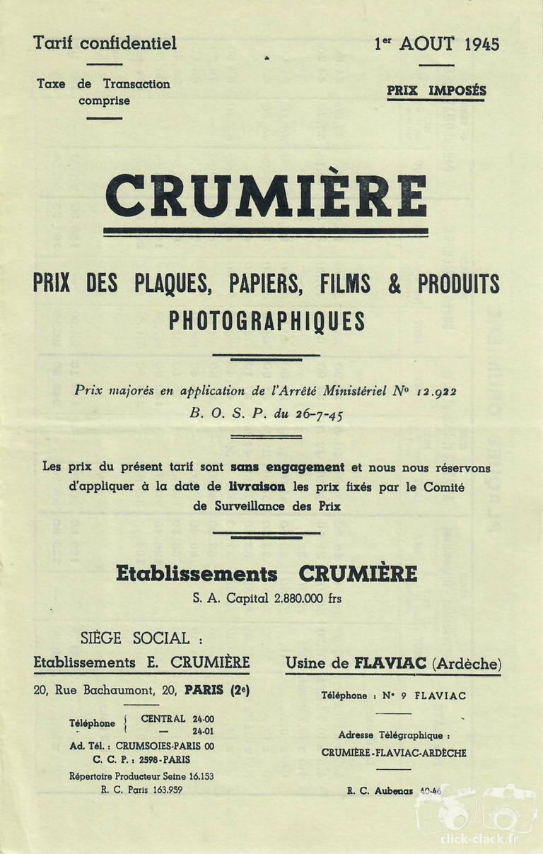 Crumière - Tarif - 1 août 1945