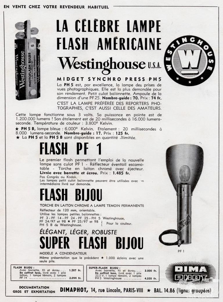 Dima-Phot - Lampe Flash Westinghouse Midget Synchro Press PH5, Flash PF1, Ciné Flash-Flood Lincoln - 1956