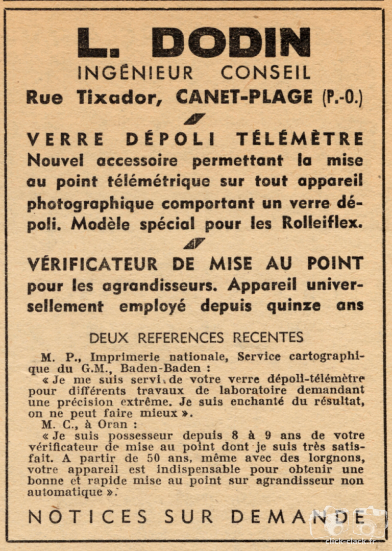 Dodin - Vérificateur de mise au point, Verre-Dépoli-Télémètre - décembre 1947 - Photo-Cinéma