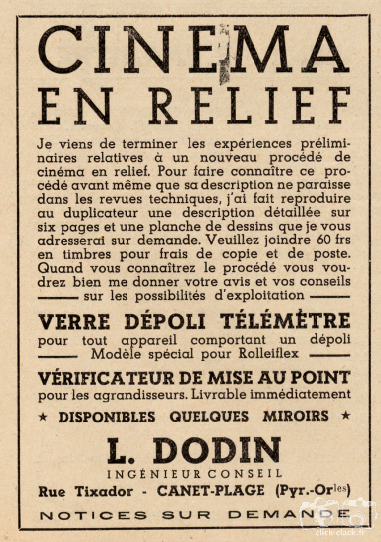 Dodin - Le cinéma en relief, Vérificateur de mise au point, Verre-Dépoli-Télémètre - juin 1948 - Photo-Cinéma