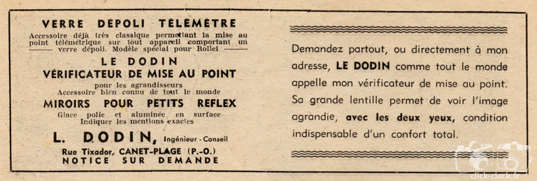 Dodin - Vérificateur de mise au point, Verre-Dépoli-Télémètre, Miroirs pour petits réflex - 1949