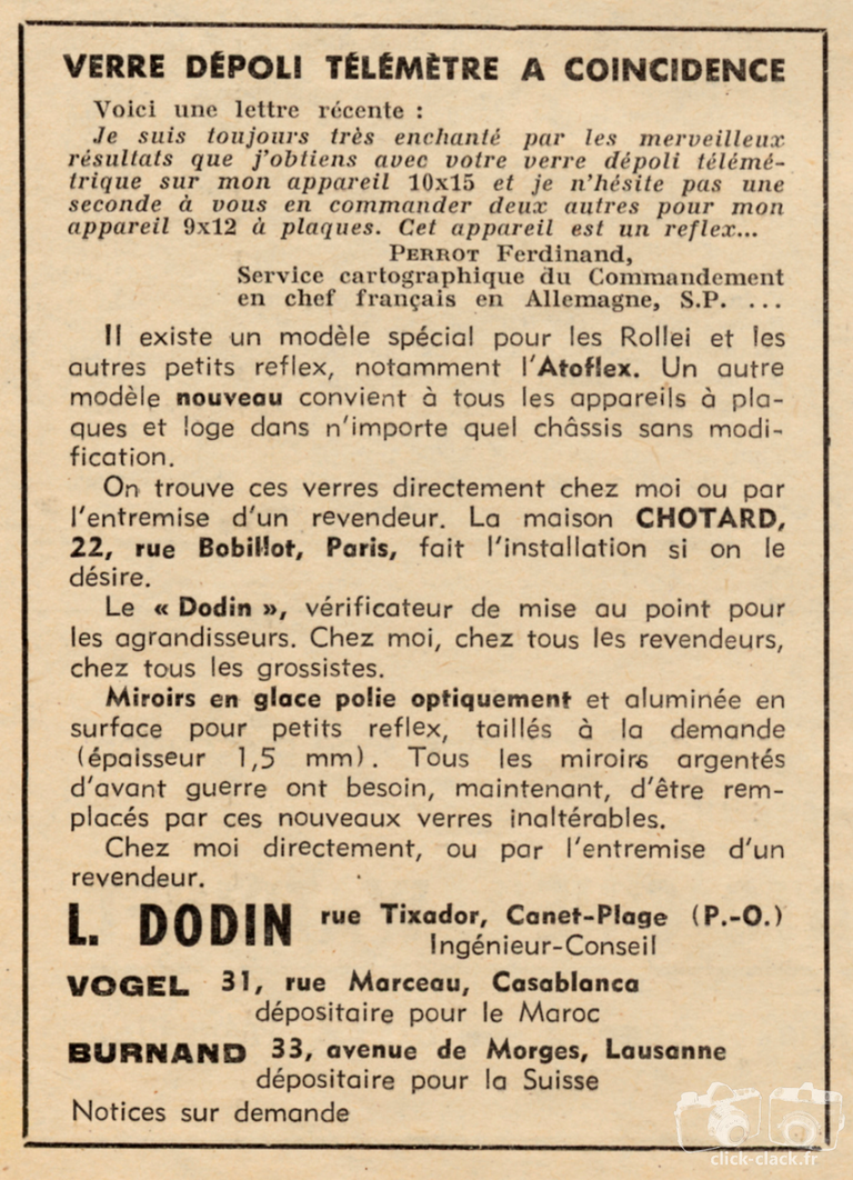 Dodin - Verre-Dépoli-Télémètre à coïncidence, Vérificateur de mise au point, Miroirs pour petits réflex - 1949