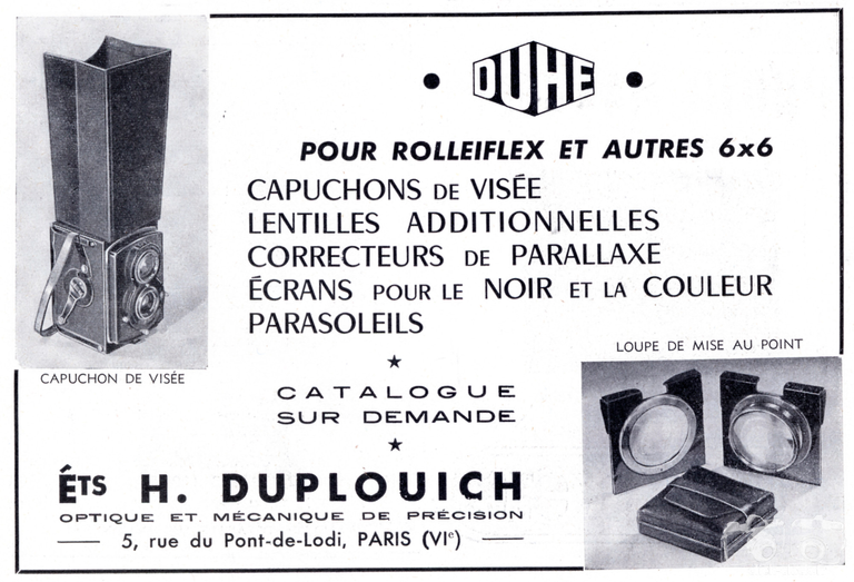 Duplouich - Capuchon de visée pour Rolleiflex et autres 6x6, Lentilles additionnelles, Correcteurs de parallaxe, Ecrans, Parasoleil, Loupe de mise au point - 1951