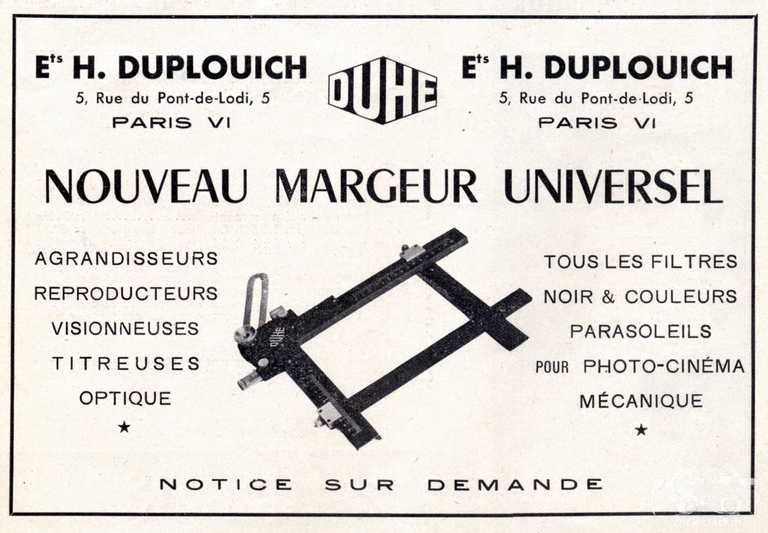 Duplouich - Margeur universel, Agrandisseurs, Reproducteurs, Visionneuses, Titreuses, Lentilles additionnelles, Filtres, Ecrans, Parasoleil - 1951