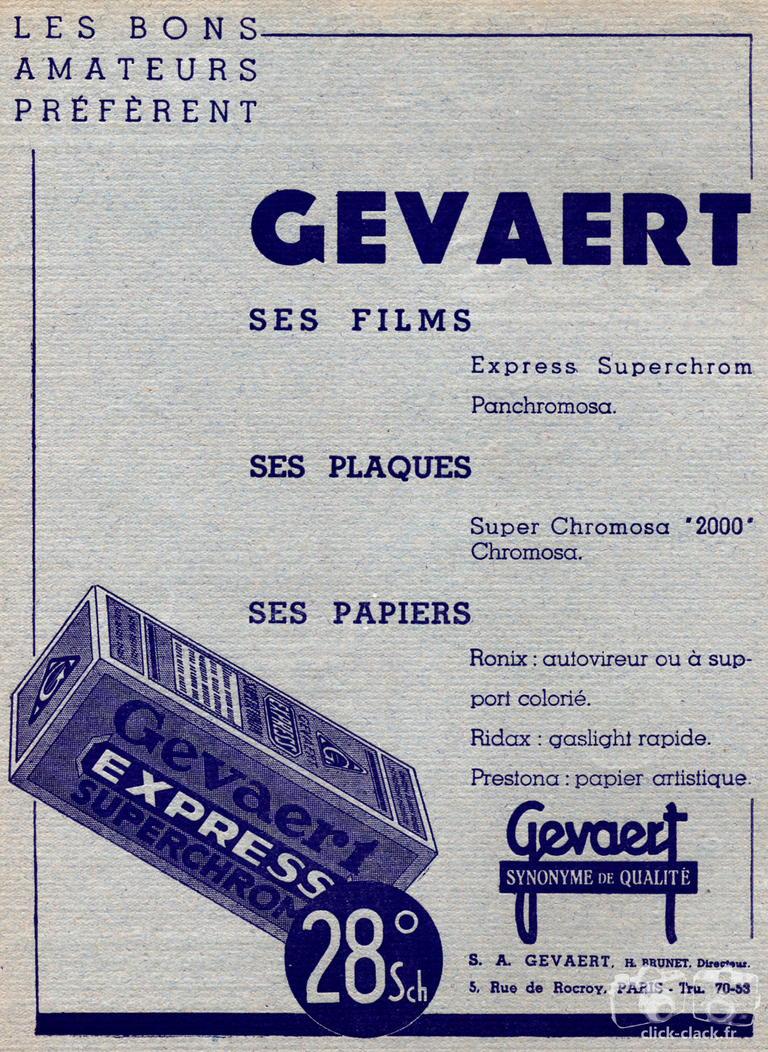 Gevaert - Films Express Superchrom, Panchromosa, Plaques Super Chromosa 2000, Chromosa, Papiers Ronix, Ridax, Prestona - 1935