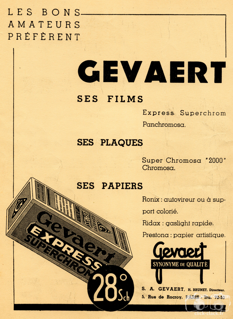 Gevaert - Films Express Superchrom, Panchromosa, Plaques Super Chromosa 2000, Chromosa, Papiers Ronix, Ridax, Prestona - 1936