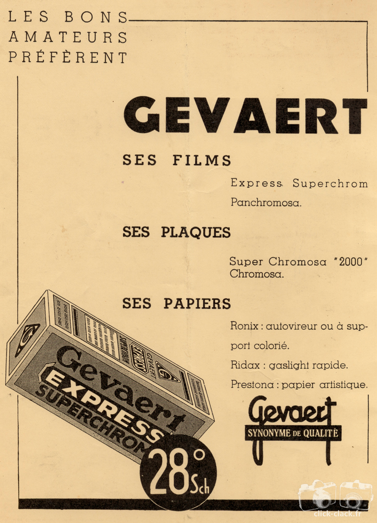 Gevaert - Films Express Superchrom, Panchromosa, Plaques Super Chromosa 2000, Chromosa, Papiers Ronix, Ridax, Prestona - 1937