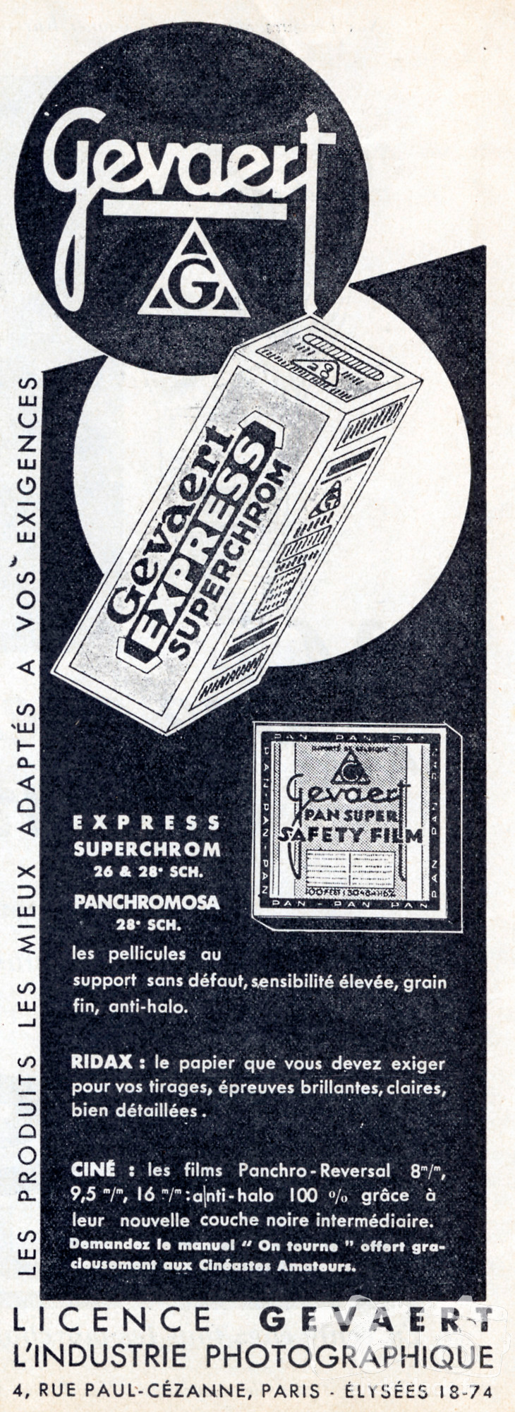 Gevaert - Films Express Superchrom, Panchromosa, Papier Ridax - 1937