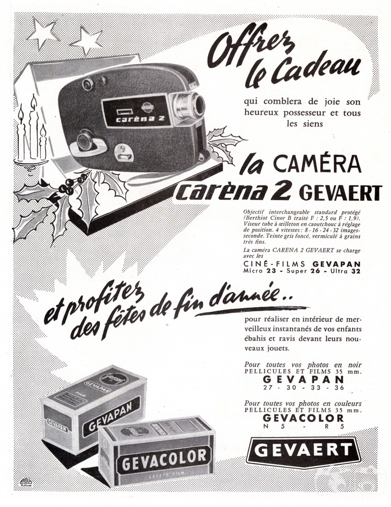 Gevaert - Caméra Carena 2, Ciné-Films Gevapan Micro 23, Gevapan Super 2-, Gevapan Ultra 32Films Gevapan 27, Gevapan 30, Gevapan 33, Gevapan 36, Gevacolor N5, Gevacolor R5 - 1957