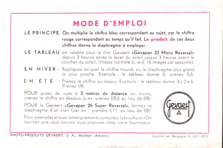 Gevaert - Table de pose verso