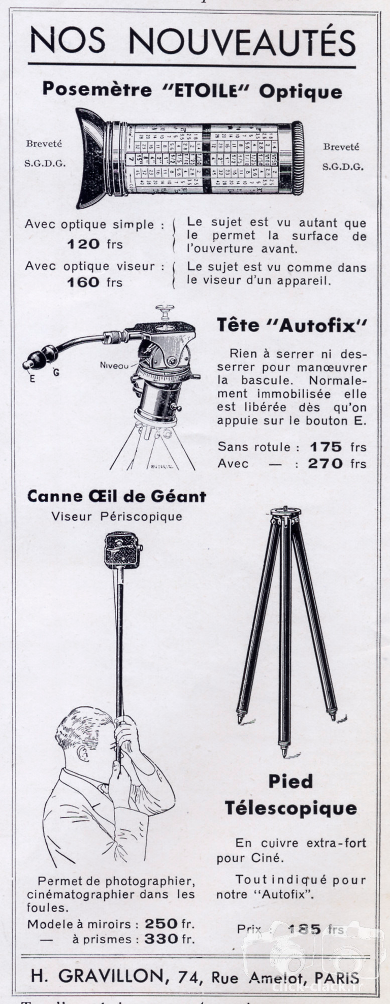 Gravillon - Posemètre Etoile optique, Tête Autofix, Canne oeil de Géant, Pied télescopique - 1933