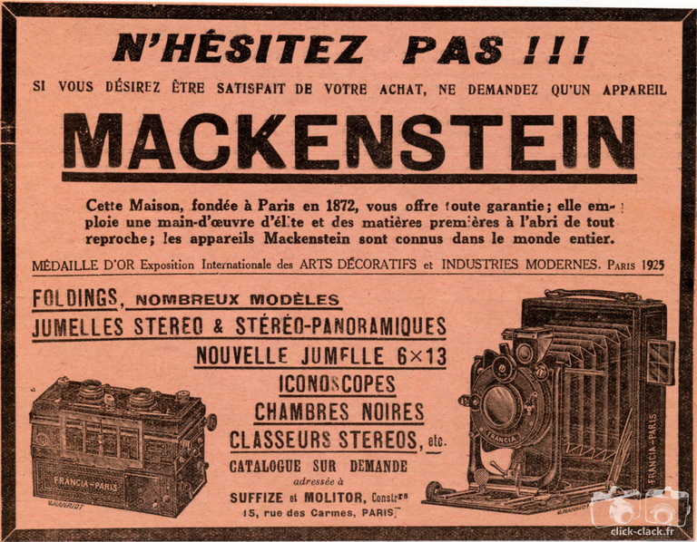 Mackenstein - Suffize & Molitor - Foldings, Jumelles stéréo, Stéréo-panoramiques, Iconoscope, Chambres noires, Classeurs Stéréos