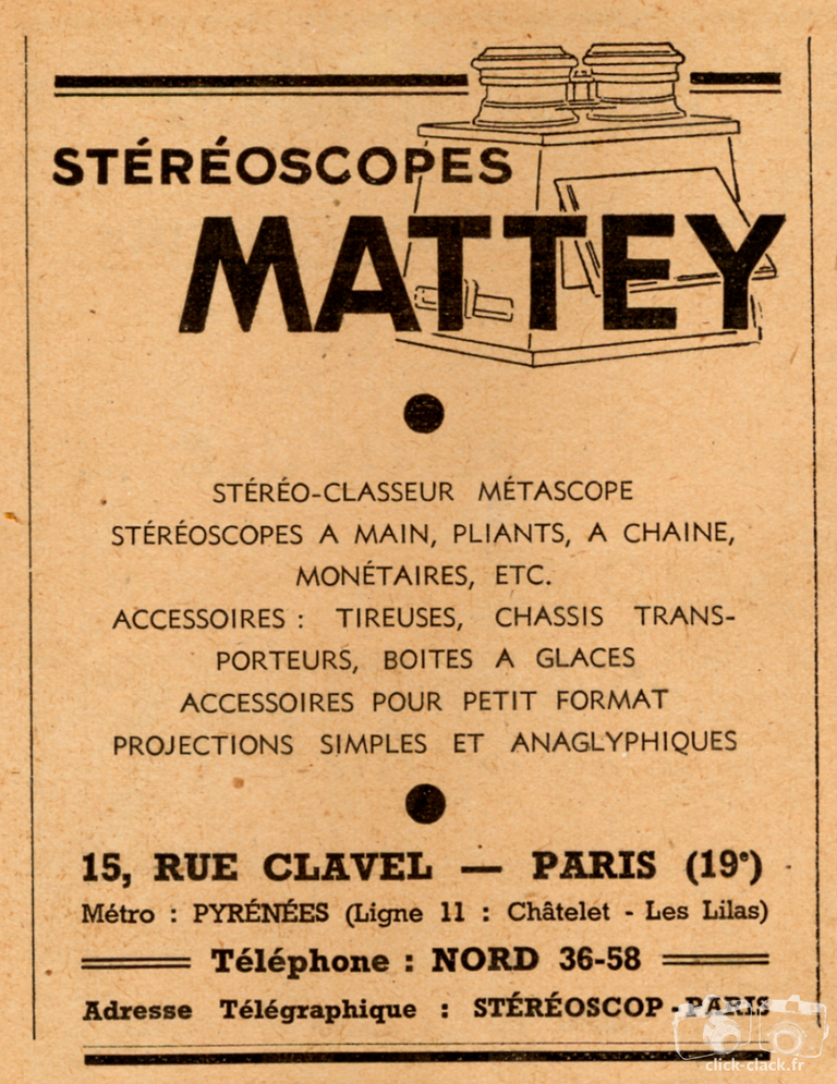 Mattey - Métascope, Stéréoscopes, Tireuse, Châssis transporteurs, Boîte à glaces - 1946