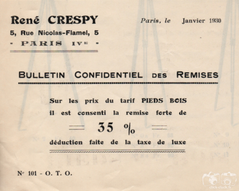 O.T.O. - René Crespy - Bulletin confidentiel de remises - janvier 1930