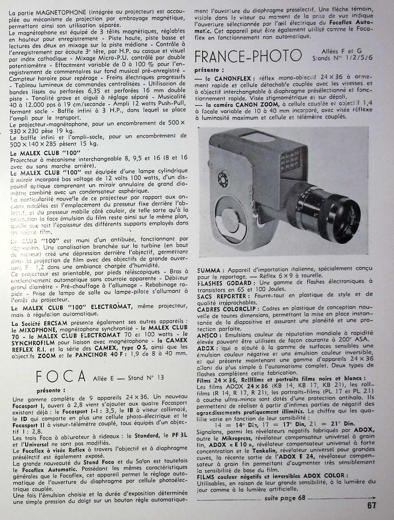 OPL - Focasport I, Focasport II, Foca Standard, Foca Universel, Foca PF3 L, Focaflex automatic - mars avril 1960 - Caméra huit n°15