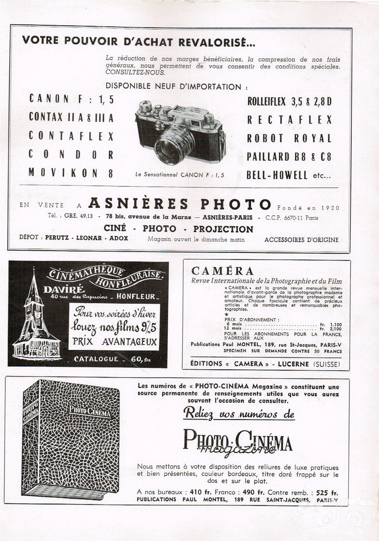 Asnières Photo - Canon, Rolleiflex 3,5, Rolleiflex 2,8D, Rectaflex, Contax IIA, Contax IIIA, Condor, Movikon 8,  Robot Royal, Paillard B8, Paillard C8, Bell-Howell - janvier 1956 - Photo Cinéma