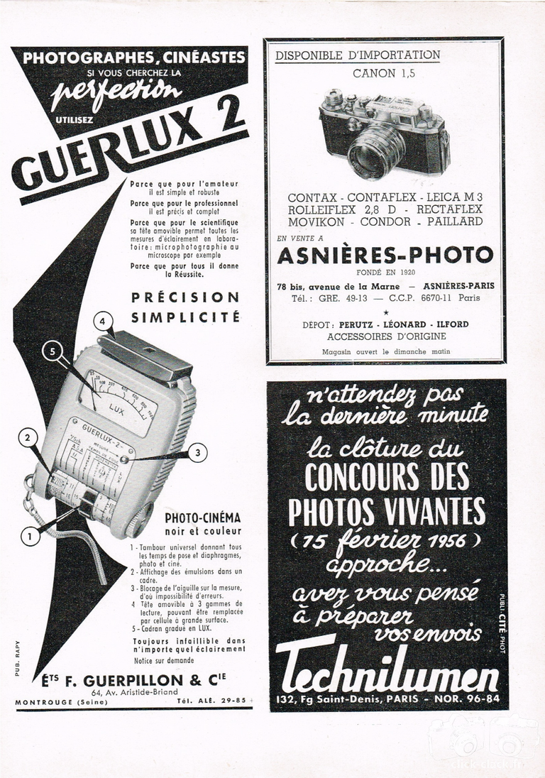 Asnières Photo - Canon, Rolleiflex 3,5, Rolleiflex 2,8D, Rectaflex, Contax IIA, Contax IIIA, Condor, Movikon 8,  Robot Royal, Paillard B8, Paillard C8, Bell-Howell - février 1956 - Photo Cinéma