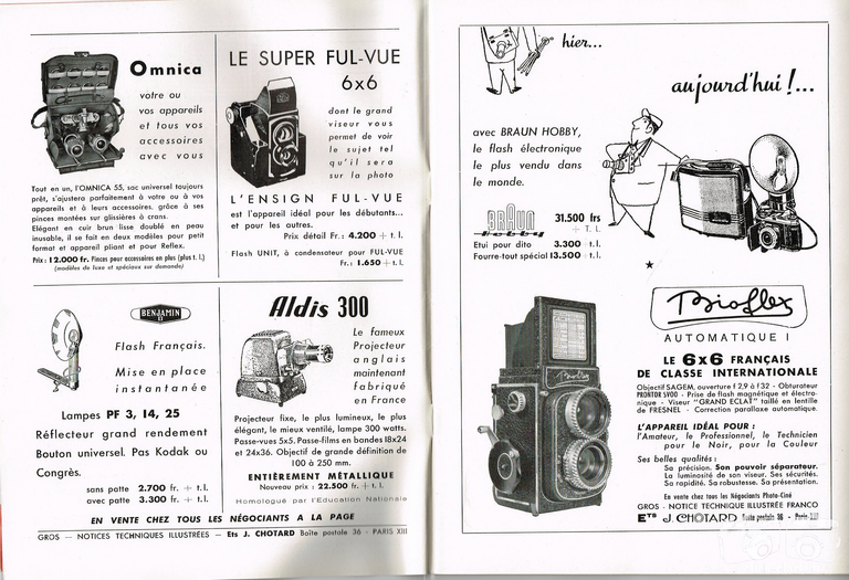 Chotard - Sac Omnica, Aldis 300, Super Ful Vue 6x6, Flash Benjamin, Alsaphot Bioflex, Flash électronique Braun - juillet 1955 - Photo Cinéma
